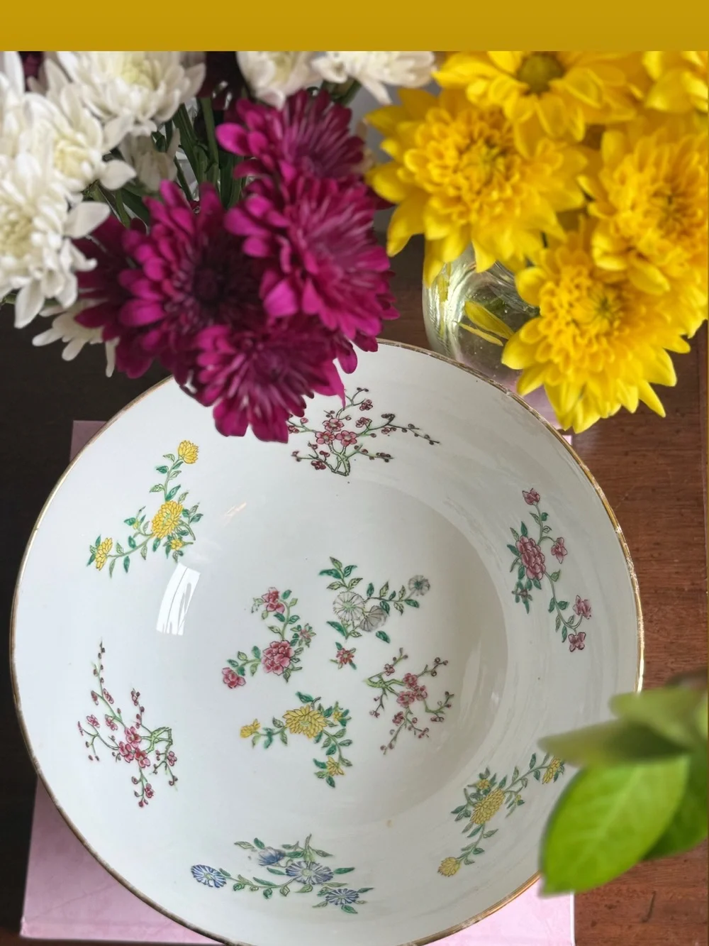 Floral Porcelain Serving Bowl in White with Multicolor Flower Motif